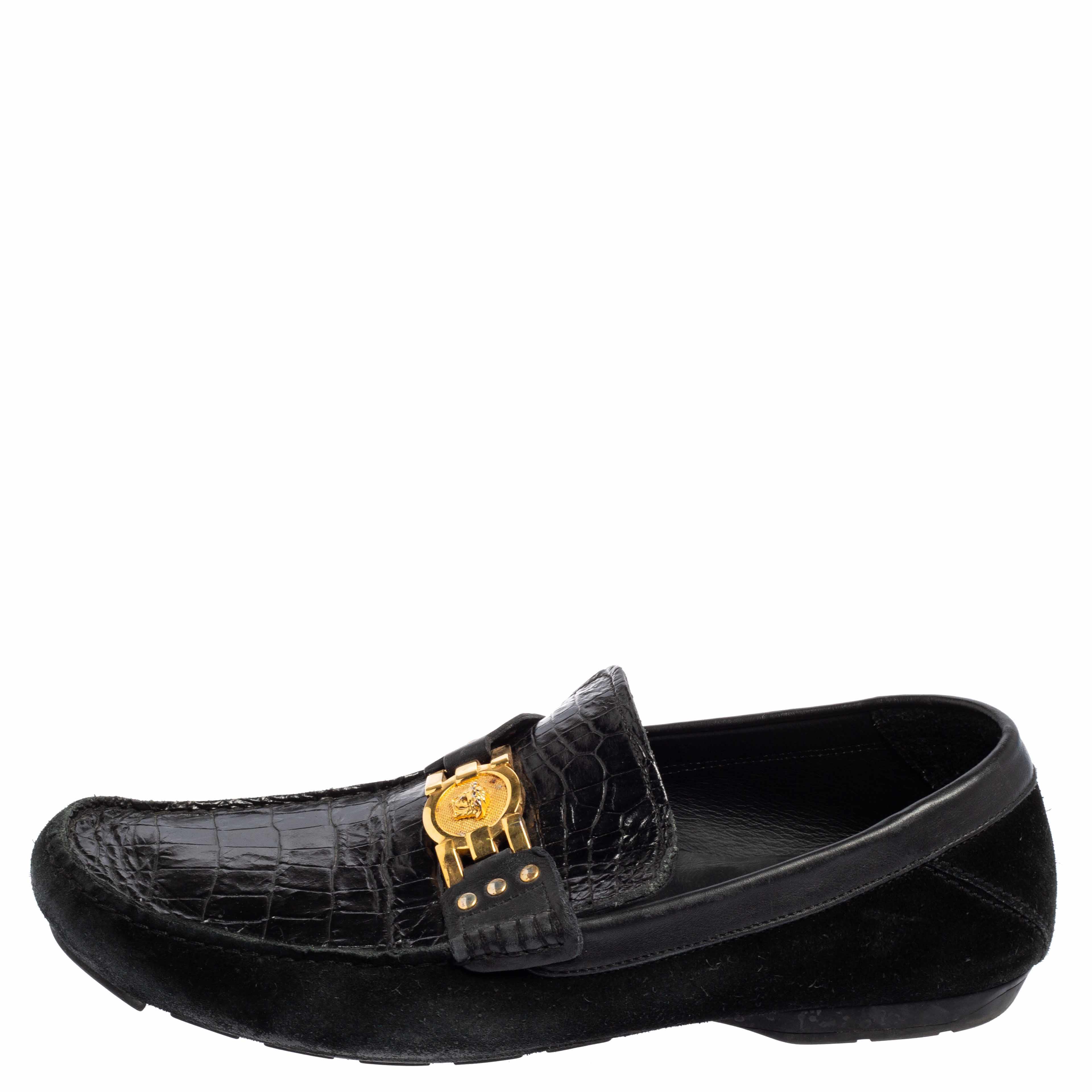 

Versace Black Croc Embossed Leather And Suede Medusa Loafers Size