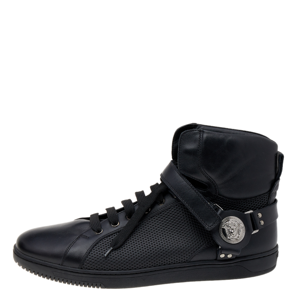 

Versace Black Leather Medallion High Top Sneakers Size