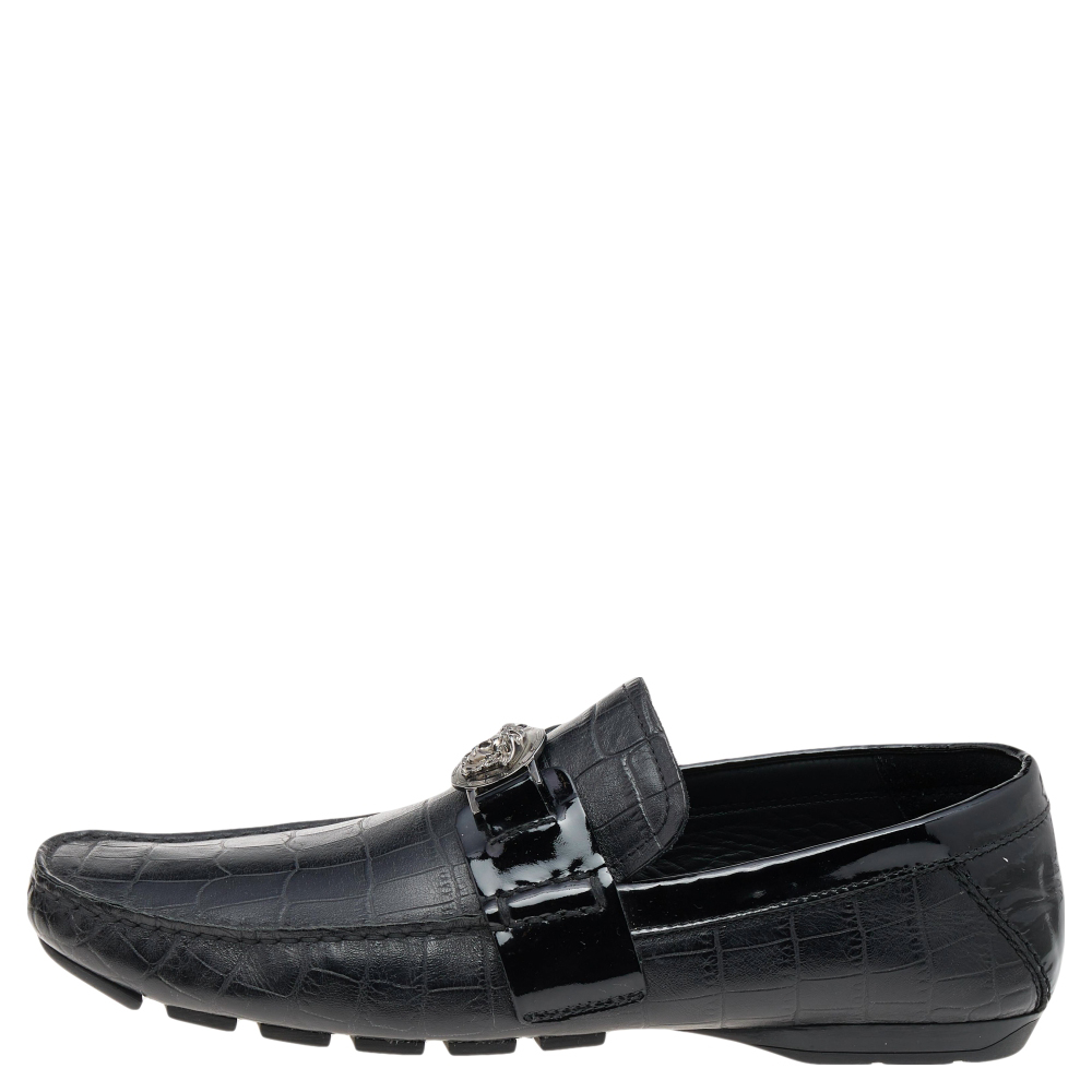 

Versace Black Croc Embossed And Patent Leather Medusa Loafers Size