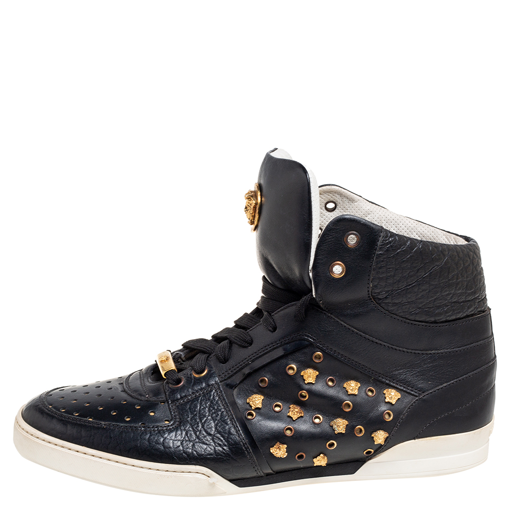 

Versace Black Leather Medusa Lace High Top Sneakers Size