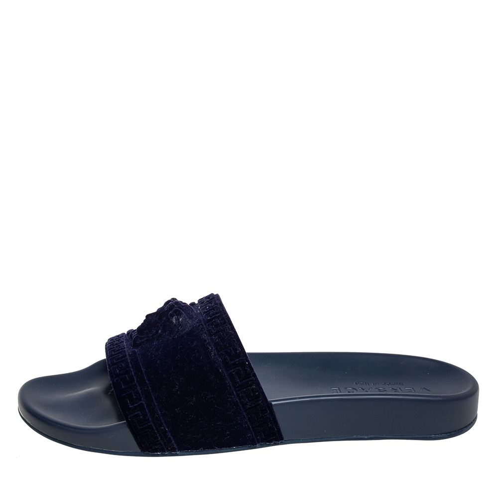 

Versace Navy Blue Velvet Medusa Head Flat Slides Size