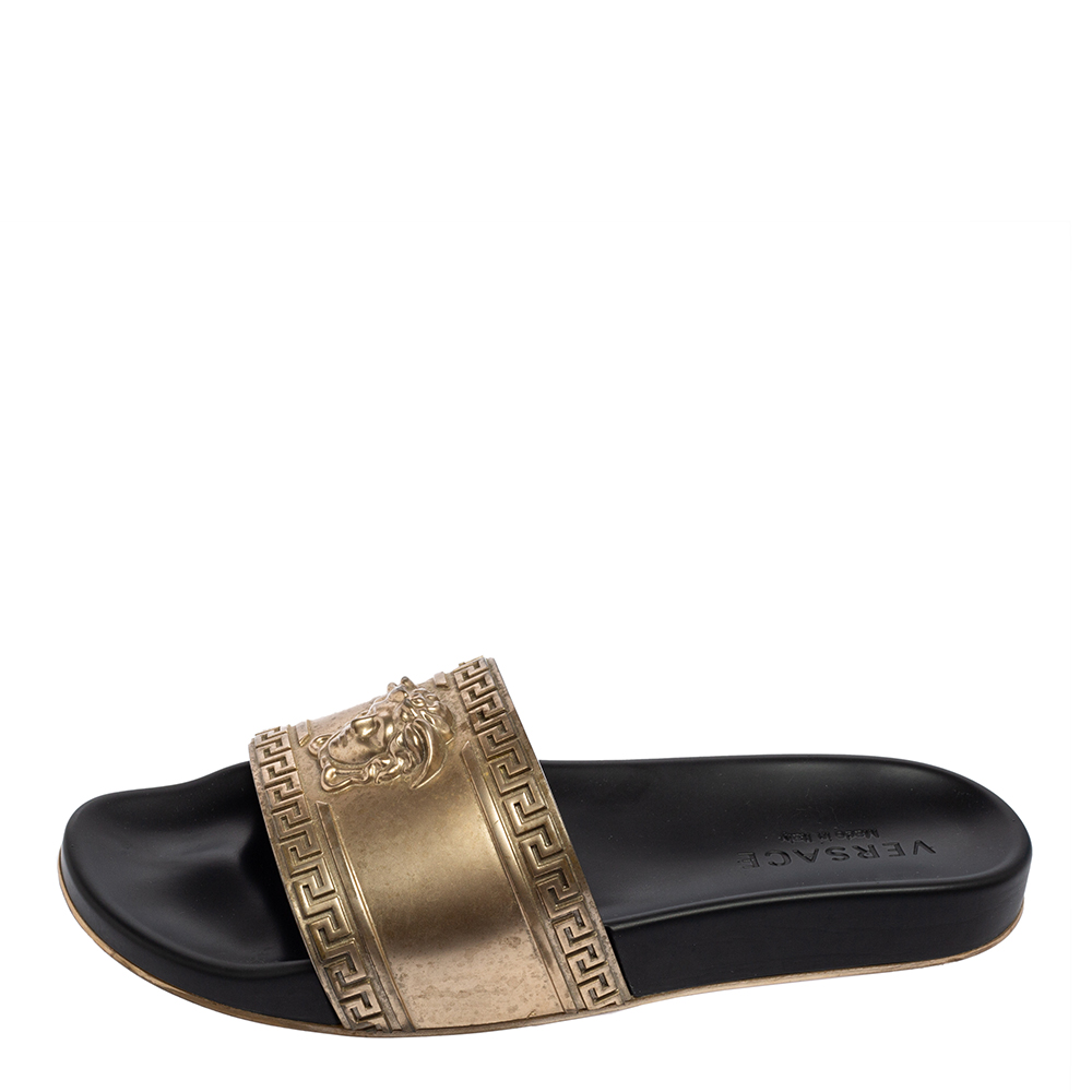 

Versace Gold Rubber Medusa Flat Slides Size