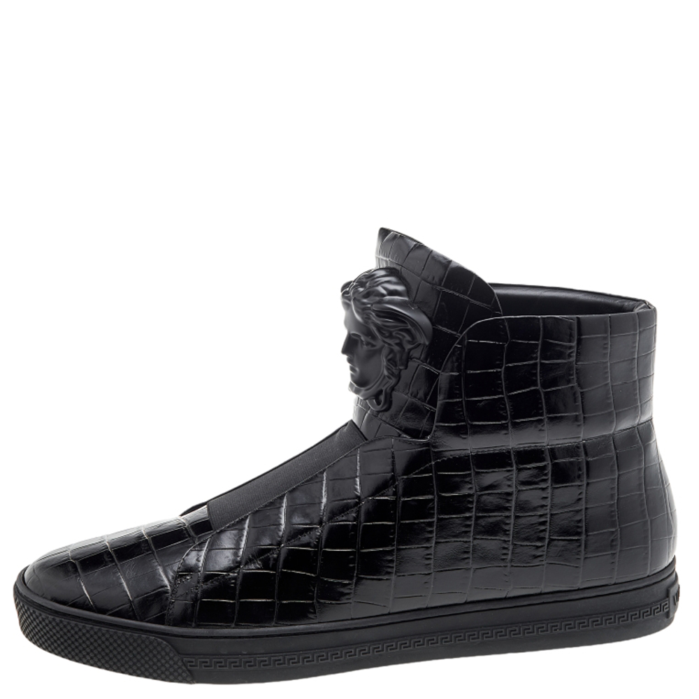 

Versace Black Croc Embossed Leather Palazzo Medusa High Top Sneakers Size