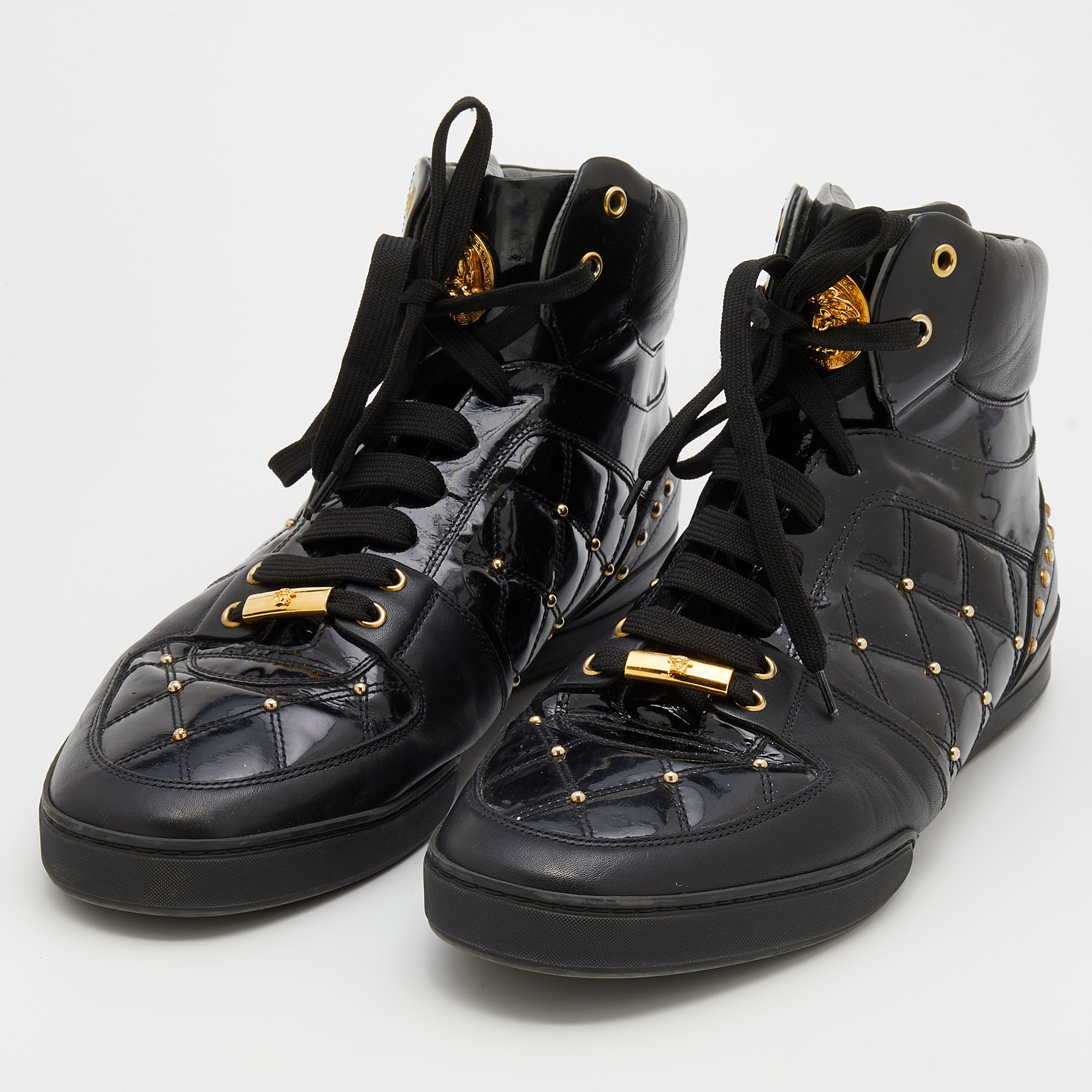 

Versace Black Leather And Patent Leather Studded Medusa High Top Sneakers Size