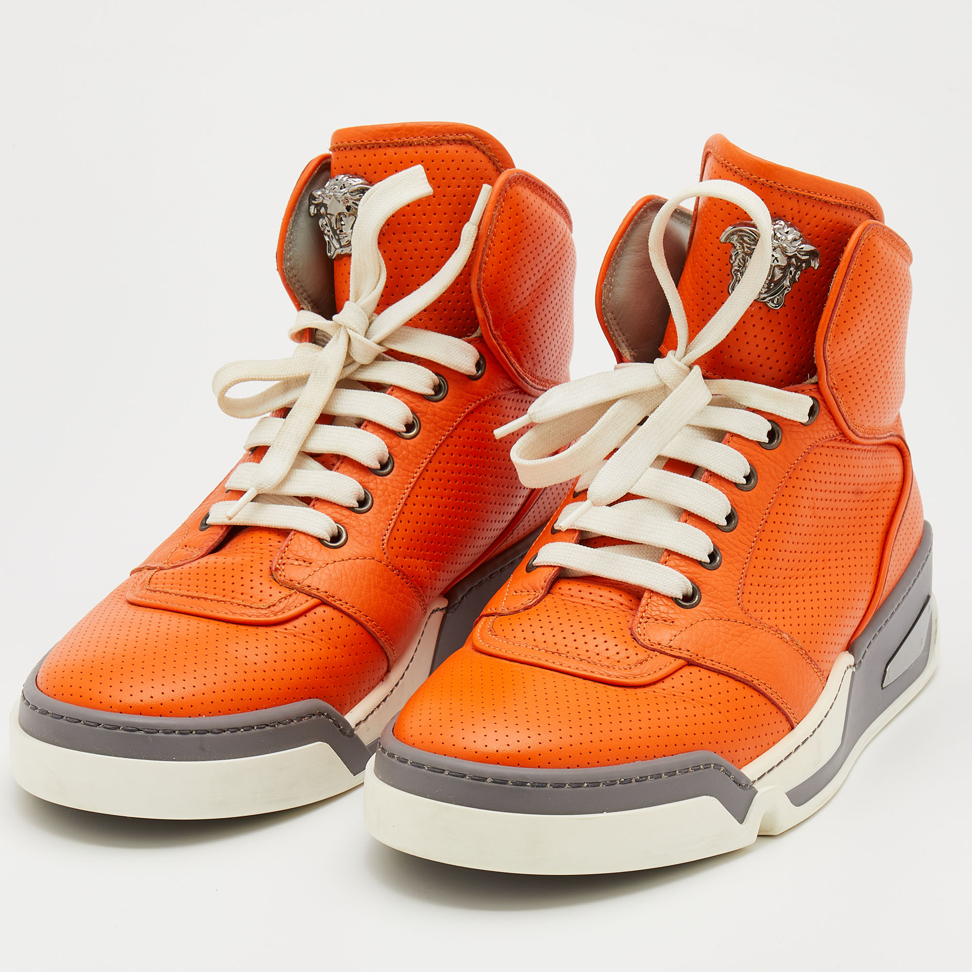 

Versace Orange Perforated Leather Medusa High-top Sneakers Size