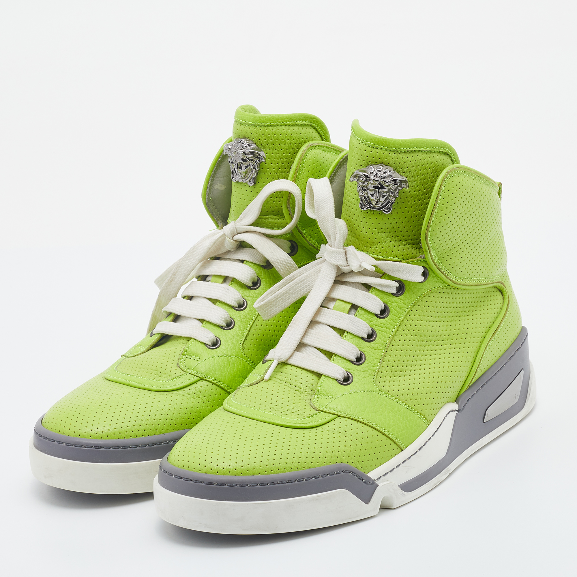 

Versace Green Perforated Leather Medusa High-top Sneakers Size