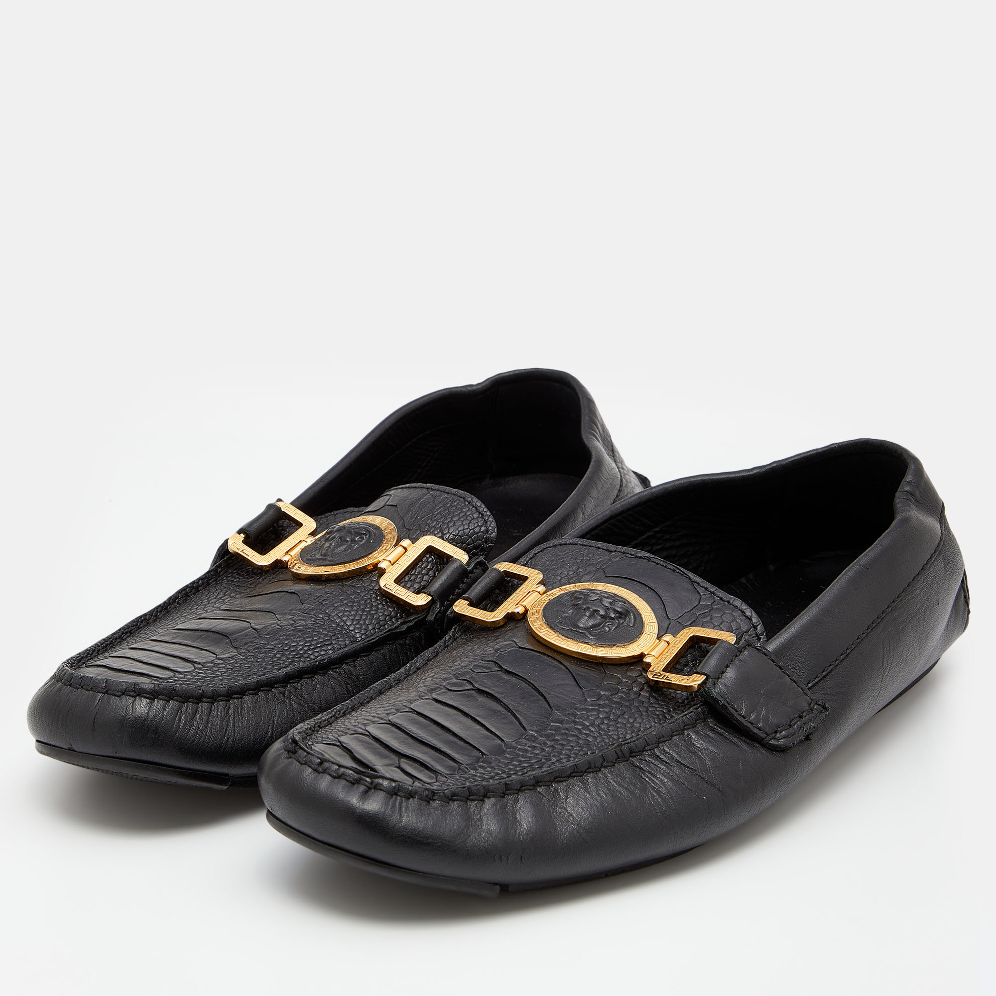

Versace Black Ostrich Leg Leather Medusa Slip On Loafers Size