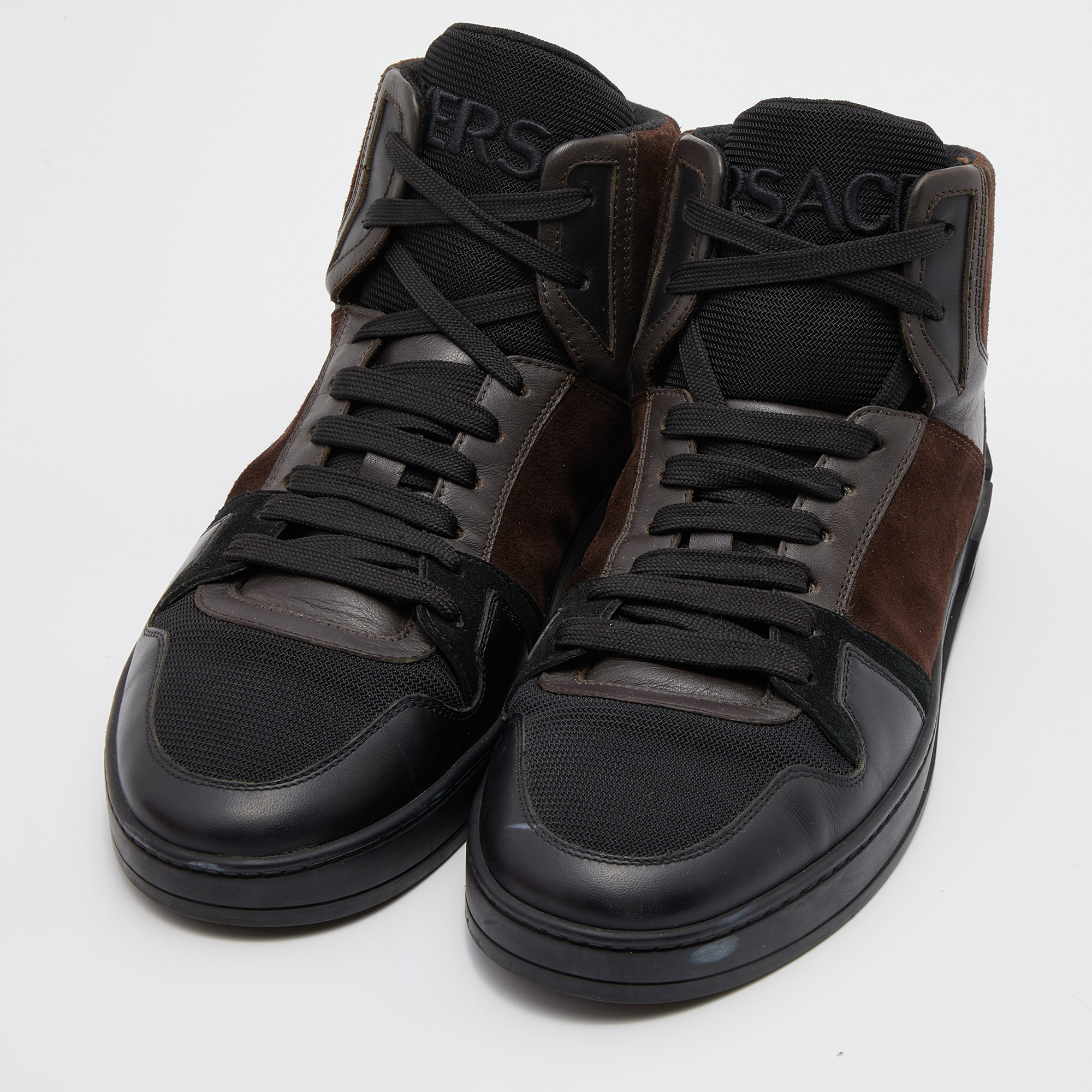 

Versace Black/Brown Leather, Fabric and Suede High Top Sneakers Size