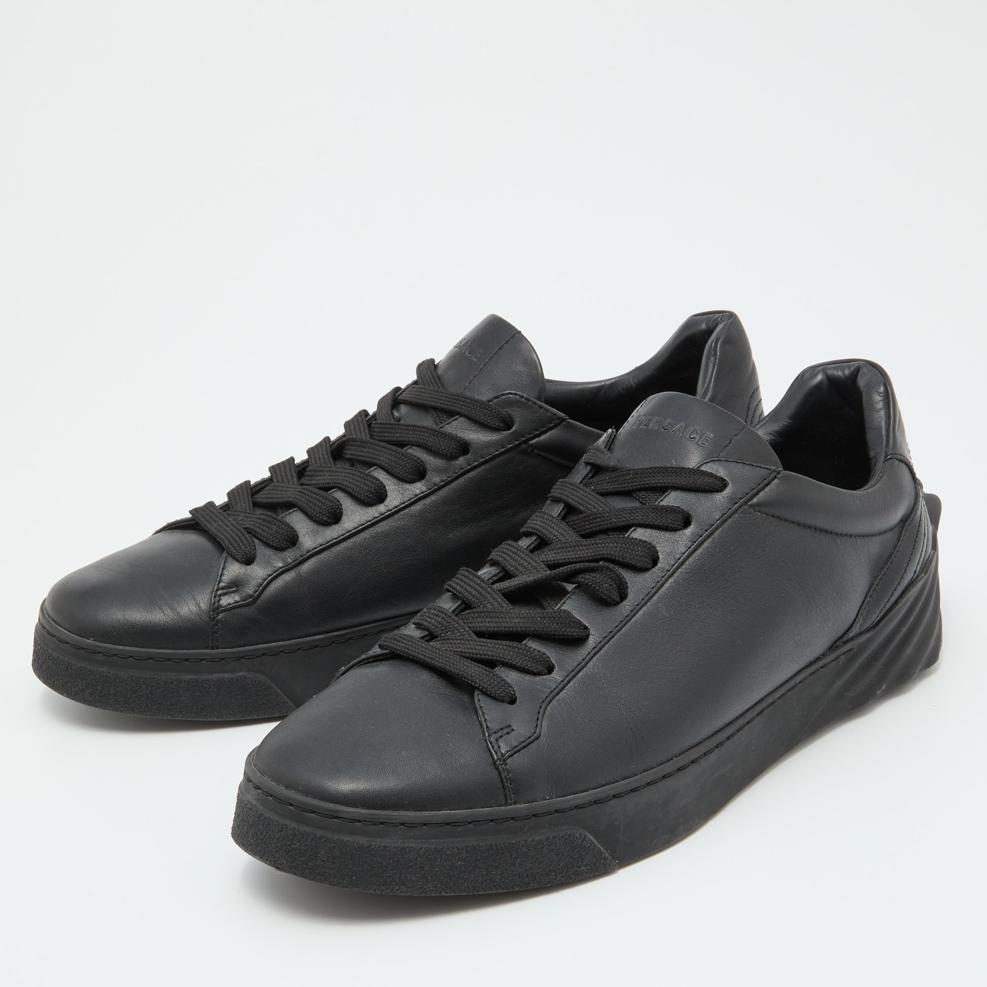 Versace Black Leather Medusa Low Top Lace Up Sneakers Size