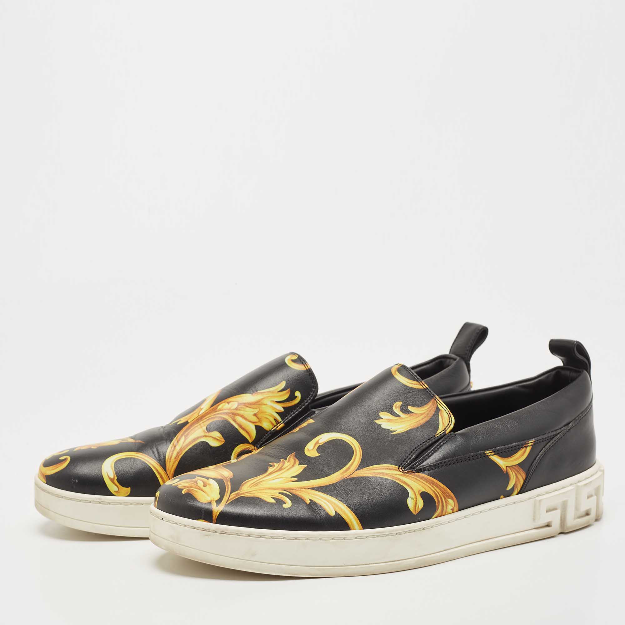 

Versace Black/Gold Barocco Printed Leather Slip On Sneakers Size