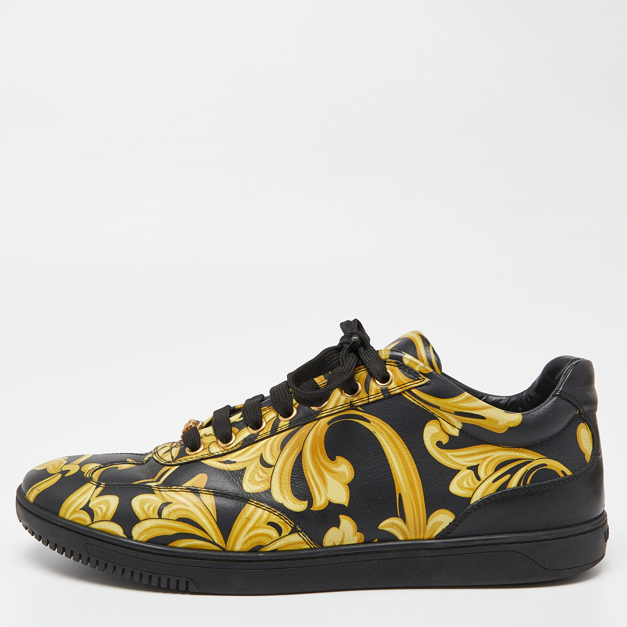 Pre-owned Versace Yellow/black/yellow Greca Barocco Low Top Sneakers Size 43