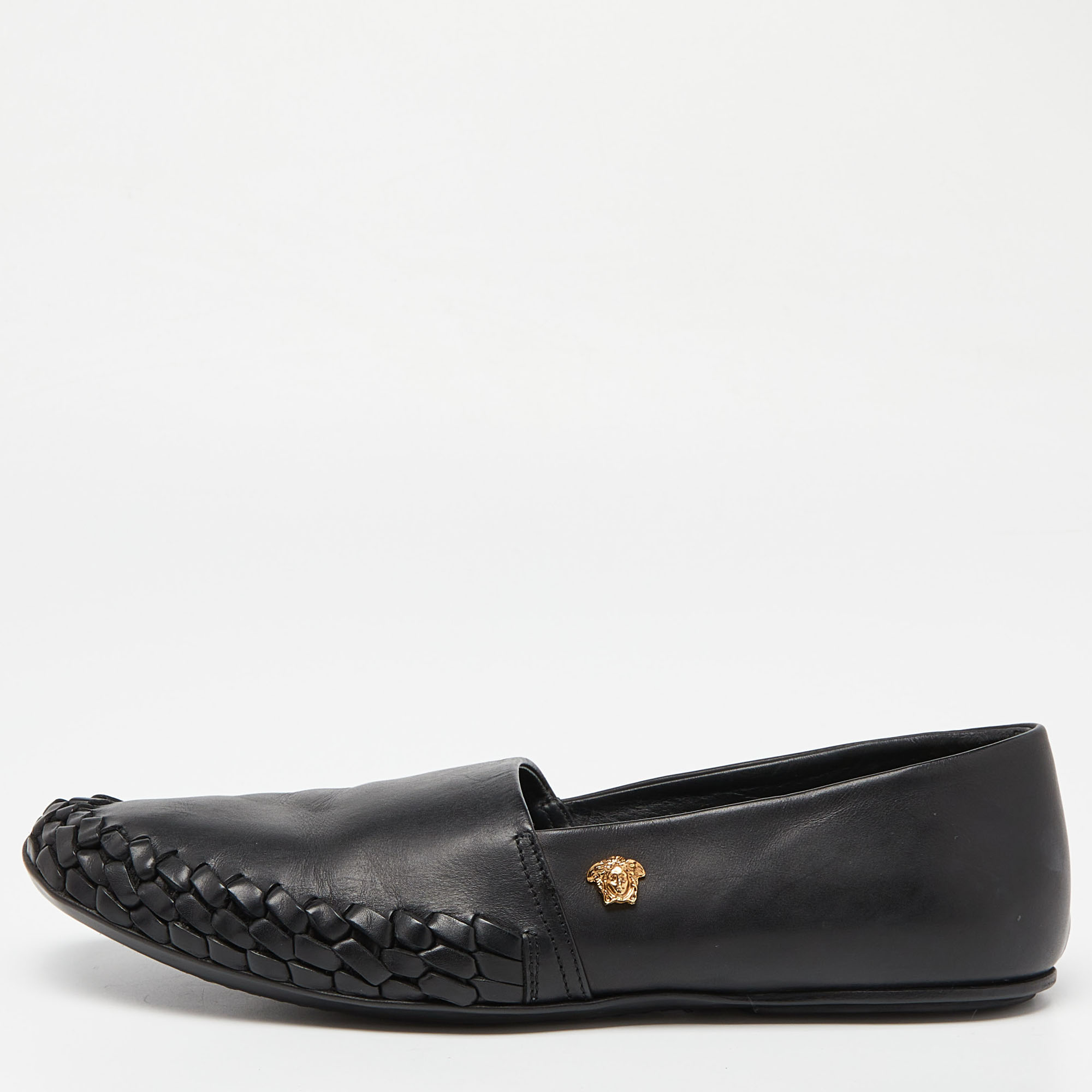 Pre-owned Versace Black Leather Medusa Slip On Loafers Size 42
