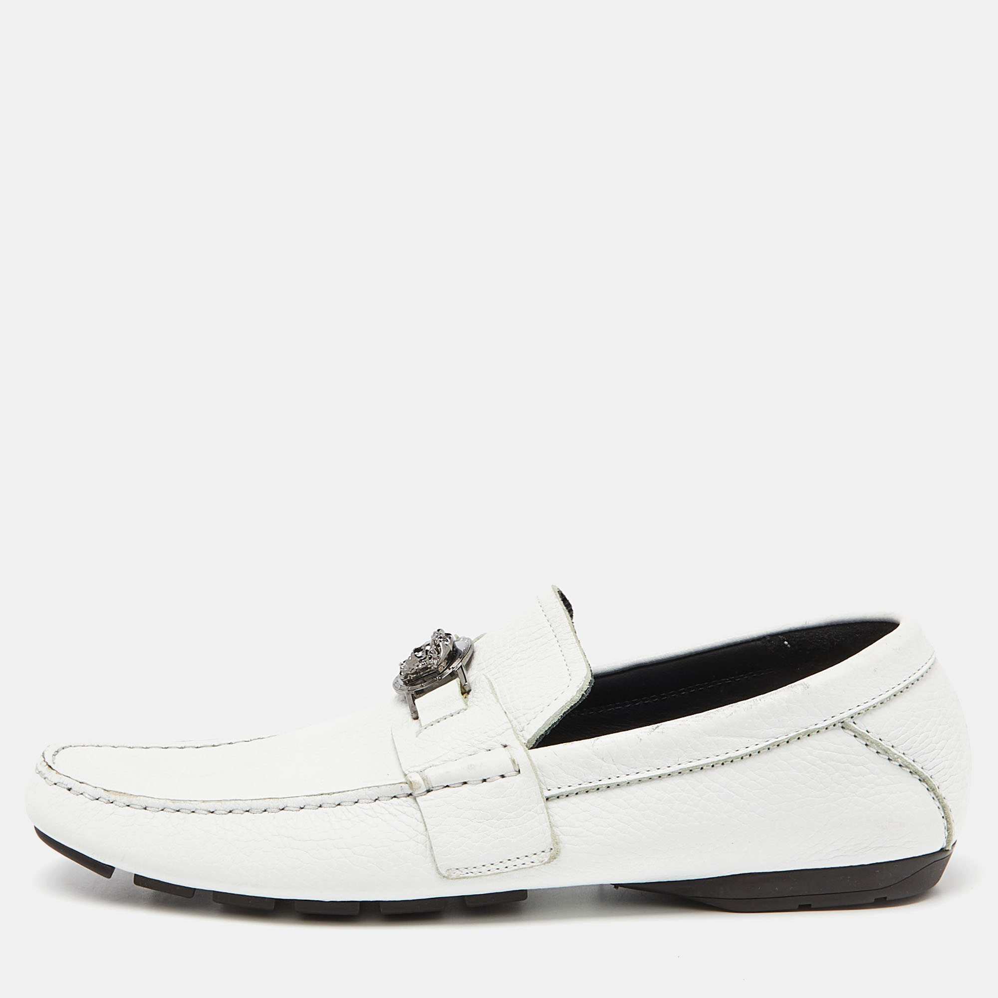 Pre-owned Versace White Leather Medusa Detail Slip On Loafers Size 43