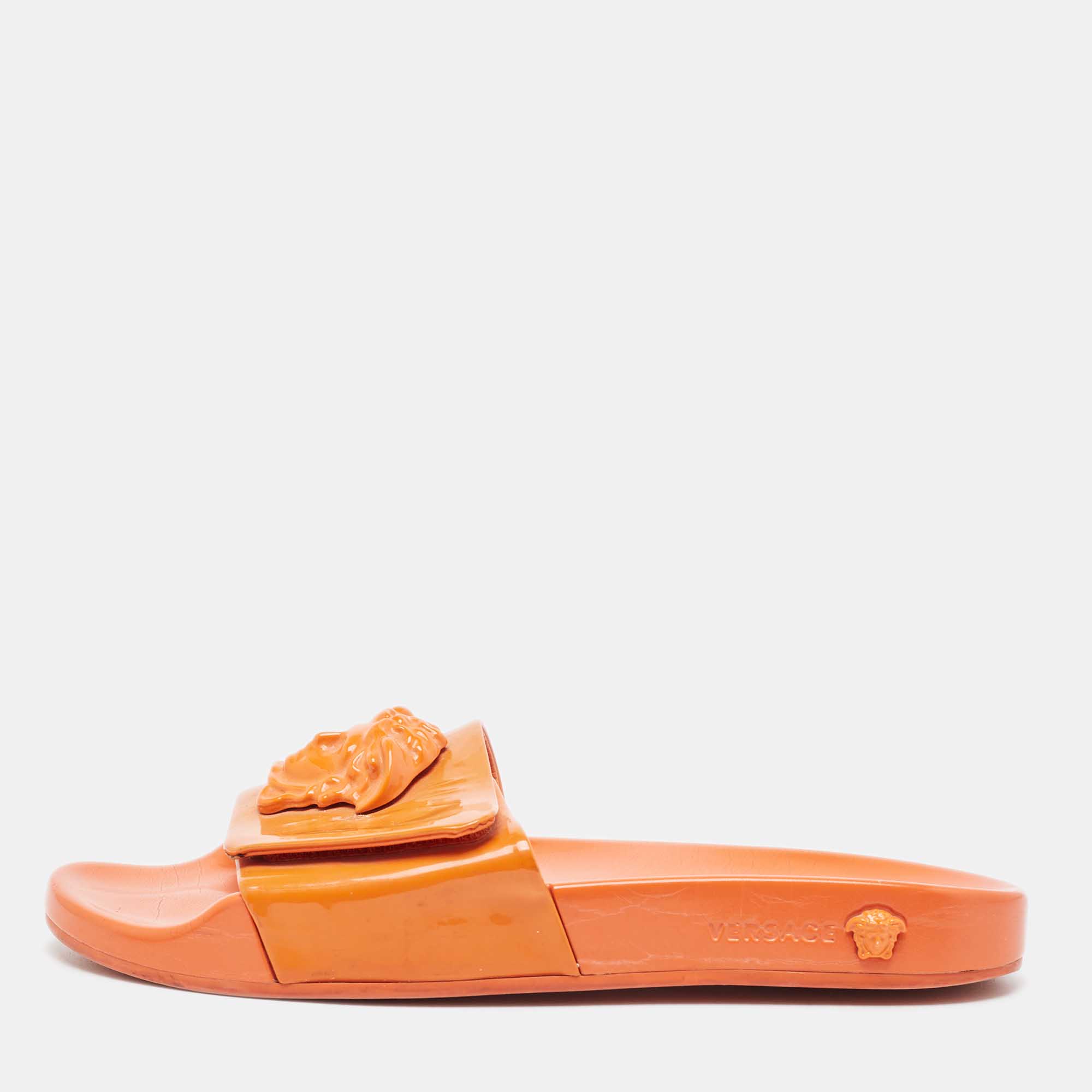 Pre-owned Versace Orange Patent Leather Medusa Flat Slides Size 41