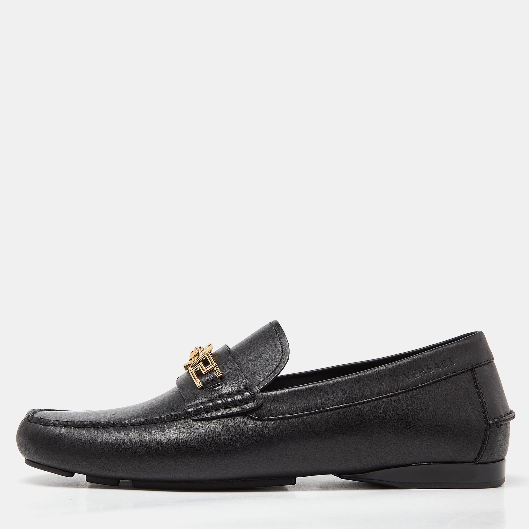 Pre-owned Versace Black Leather Medusa Slip On Loafers Size 44