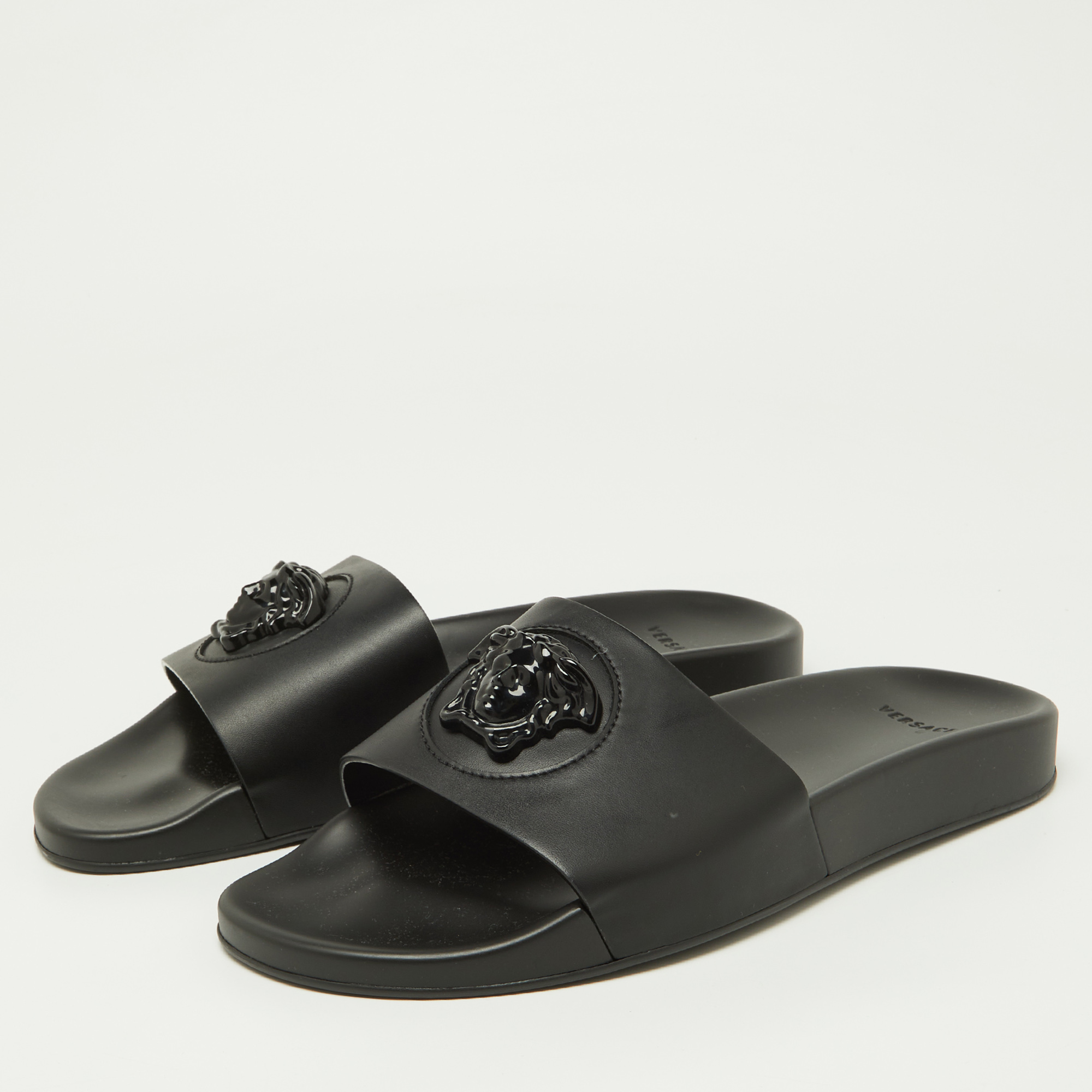 

Versace Black Leather Medusa Flat Slide Sandals Size