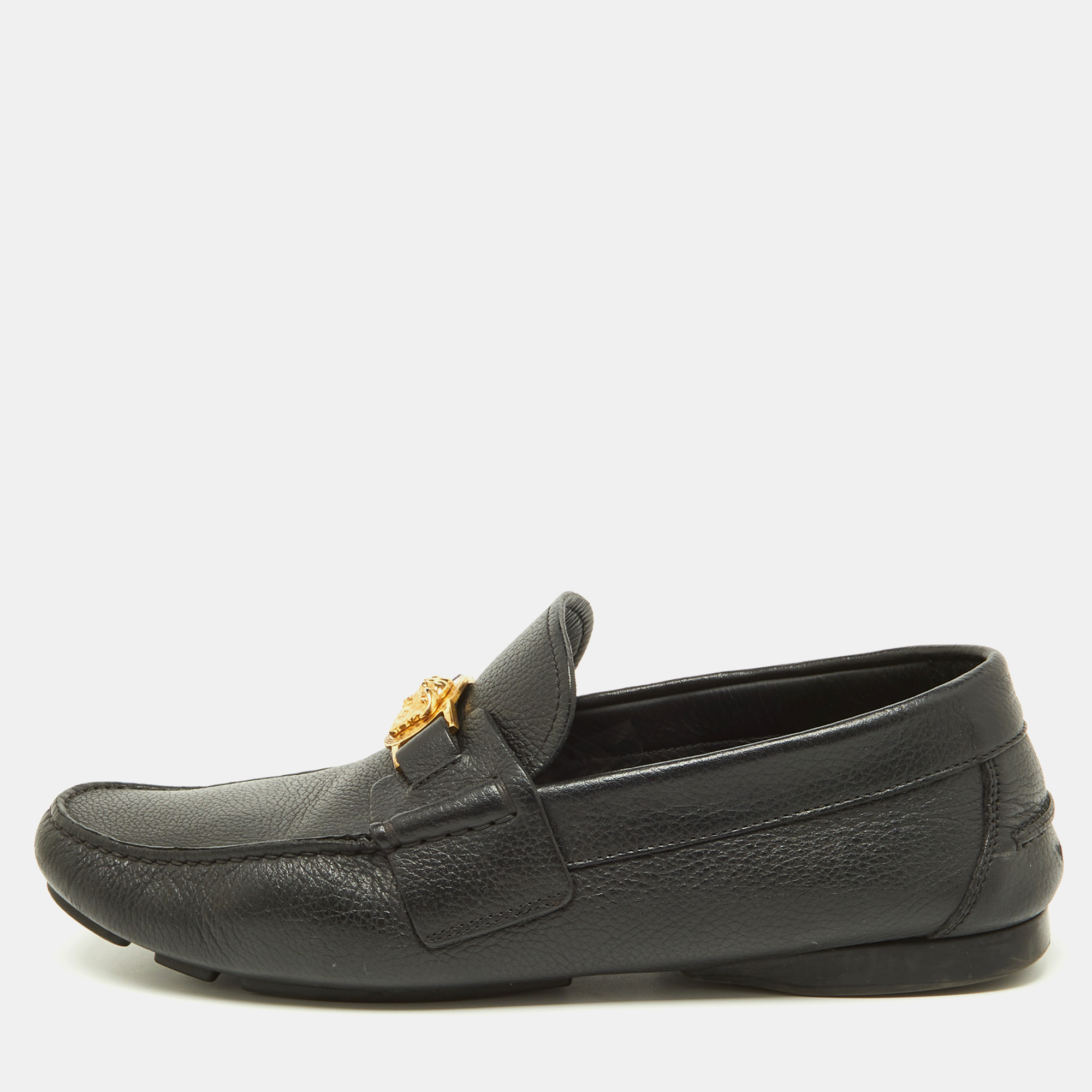 Pre-owned Versace Black Leather Medusa Detail Slip On Loafers Size 42.5