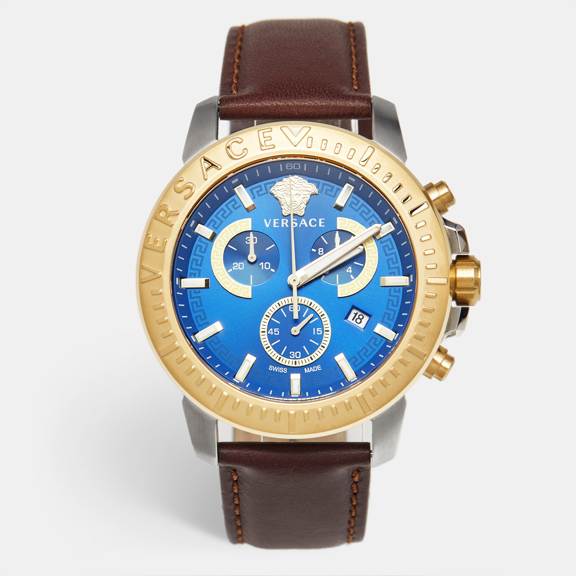 

Versace Blue Two-Tone Stainless Steel Leather VE2E00221 Men's Wristwatch, Brown