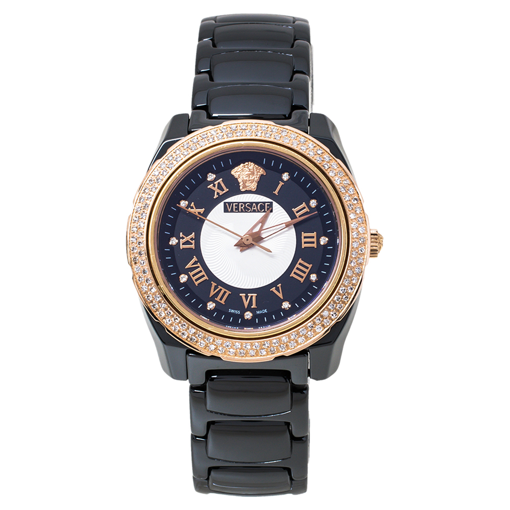 Click to view more detailed imagery on our partner's website Pre-owned Versace Black Ceramic Rose Gold Stainless Steel Diamonds Dv One Glamour 63q Women's Wristwatch 34 Mm