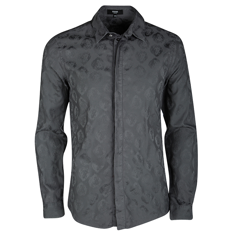 Pre Owned Versus Versace Grey Cotton Jacquard Long Sleeve Button Front Shirt M