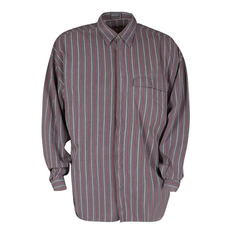 Versus Versace Grey and Red Striped Cotton Long Sleeve Button Front Shirt XXL