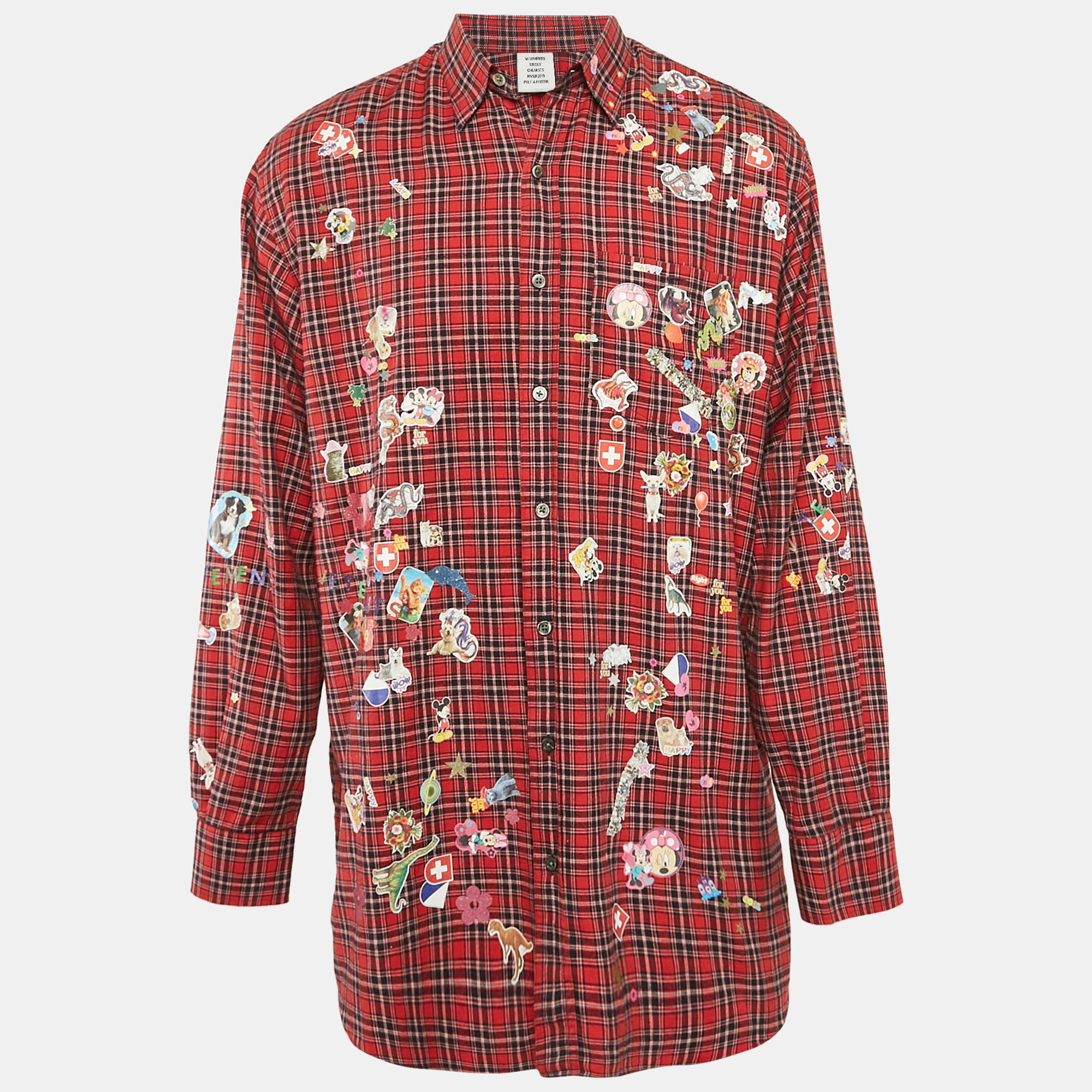 

Vetements Red Plaid Sticker Print Chemises Oversized Shirt XS