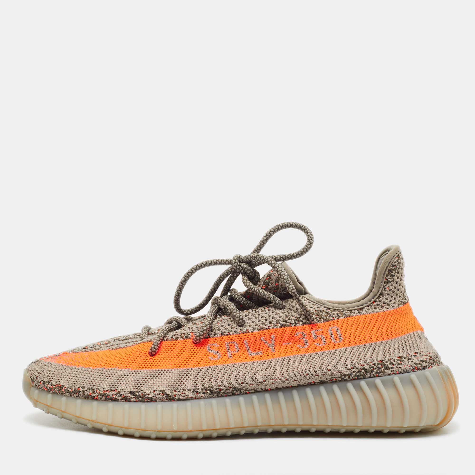 Pre-owned Yeezy X Adidas Grey/neon Orange Knit Fabric Boost 350 V2 Beluga Reflective Sneakers Size 47 1/3