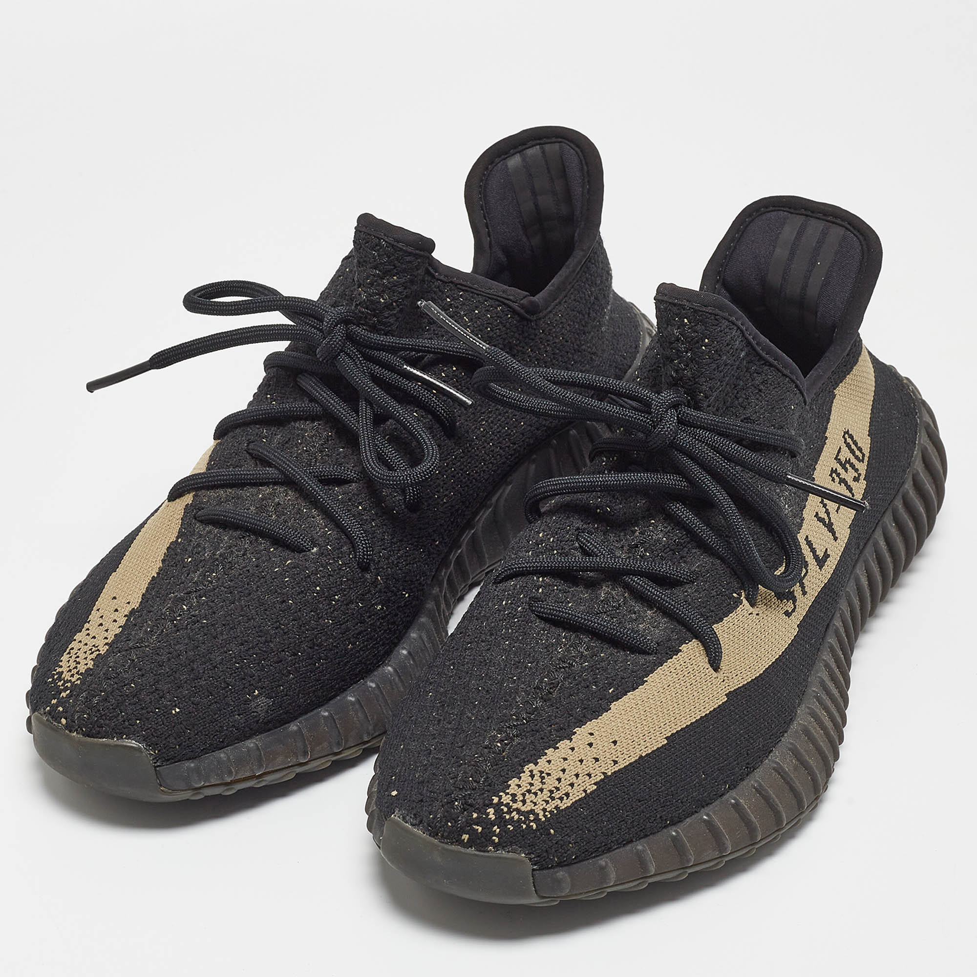 

Adidas Yeezy Boost Black Knit Fabric 350 V2 Core Black Green Sneakers Size