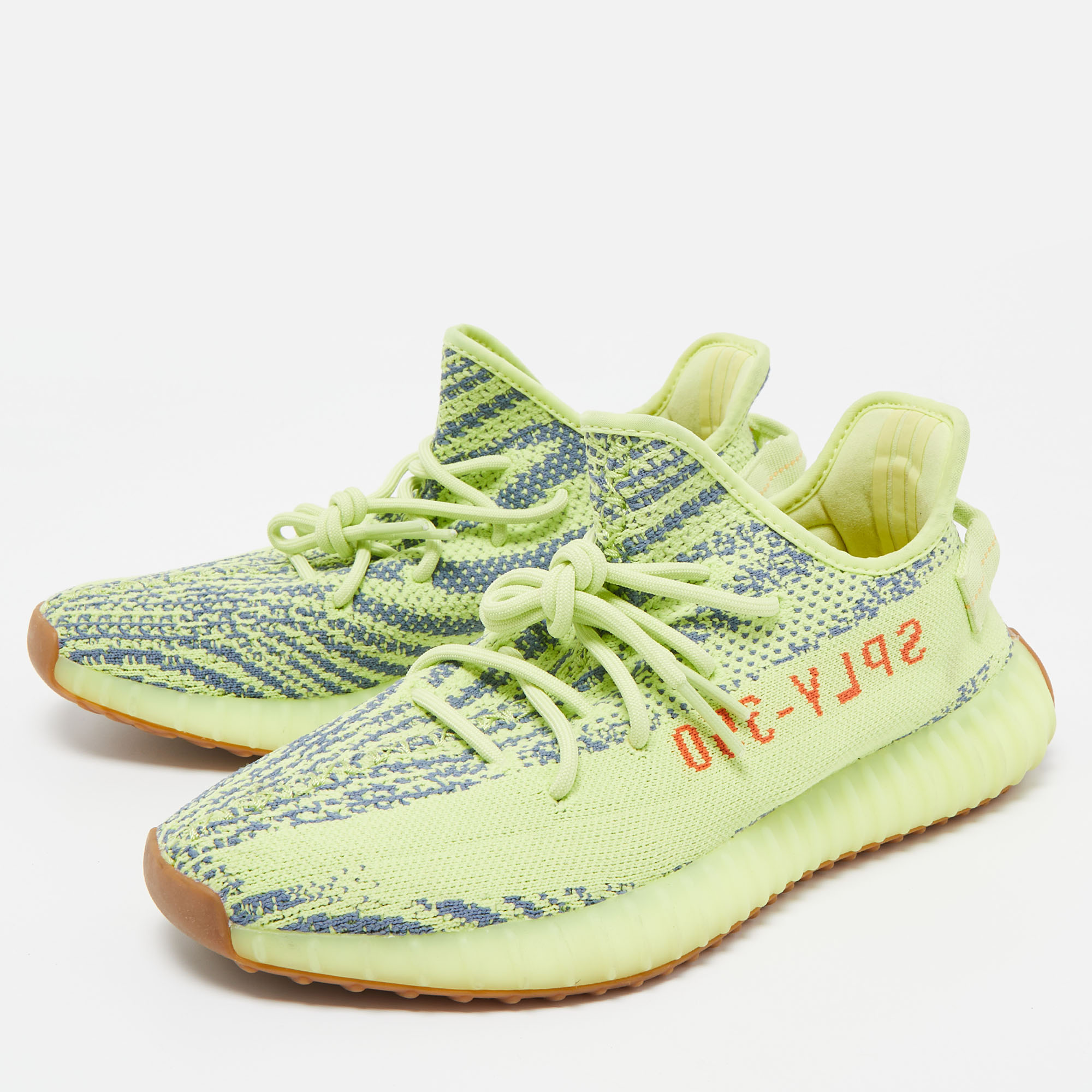 

Yeezy x Adidas Neon Yellow/Blue Knit Fabric Boost 350 V2 Semi Frozen Yellow Sneakers Size