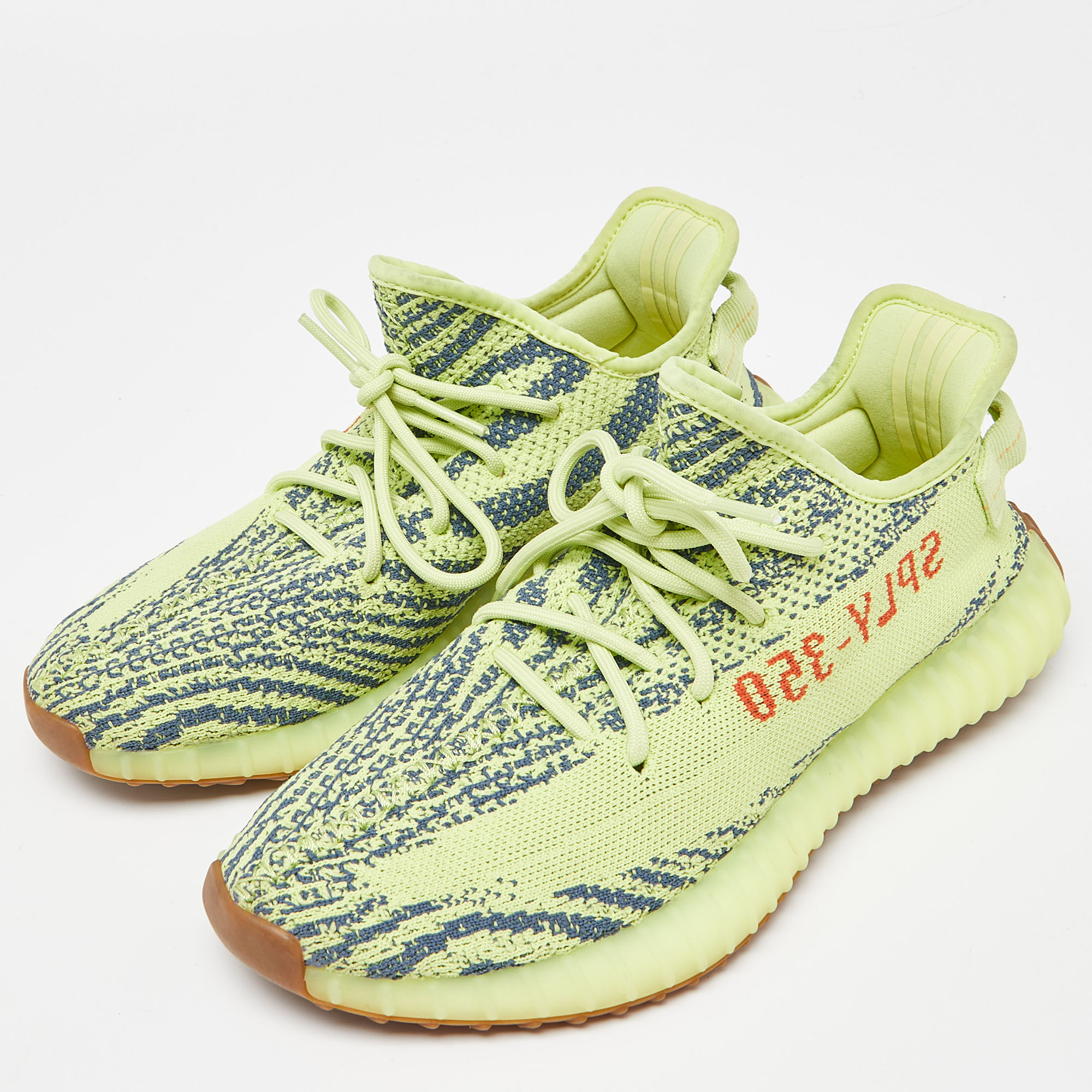 

Yeezy x Adidas Neon Green Knit Fabric Semi Frozen Boost 350 V2 Sneakers Size  1/3