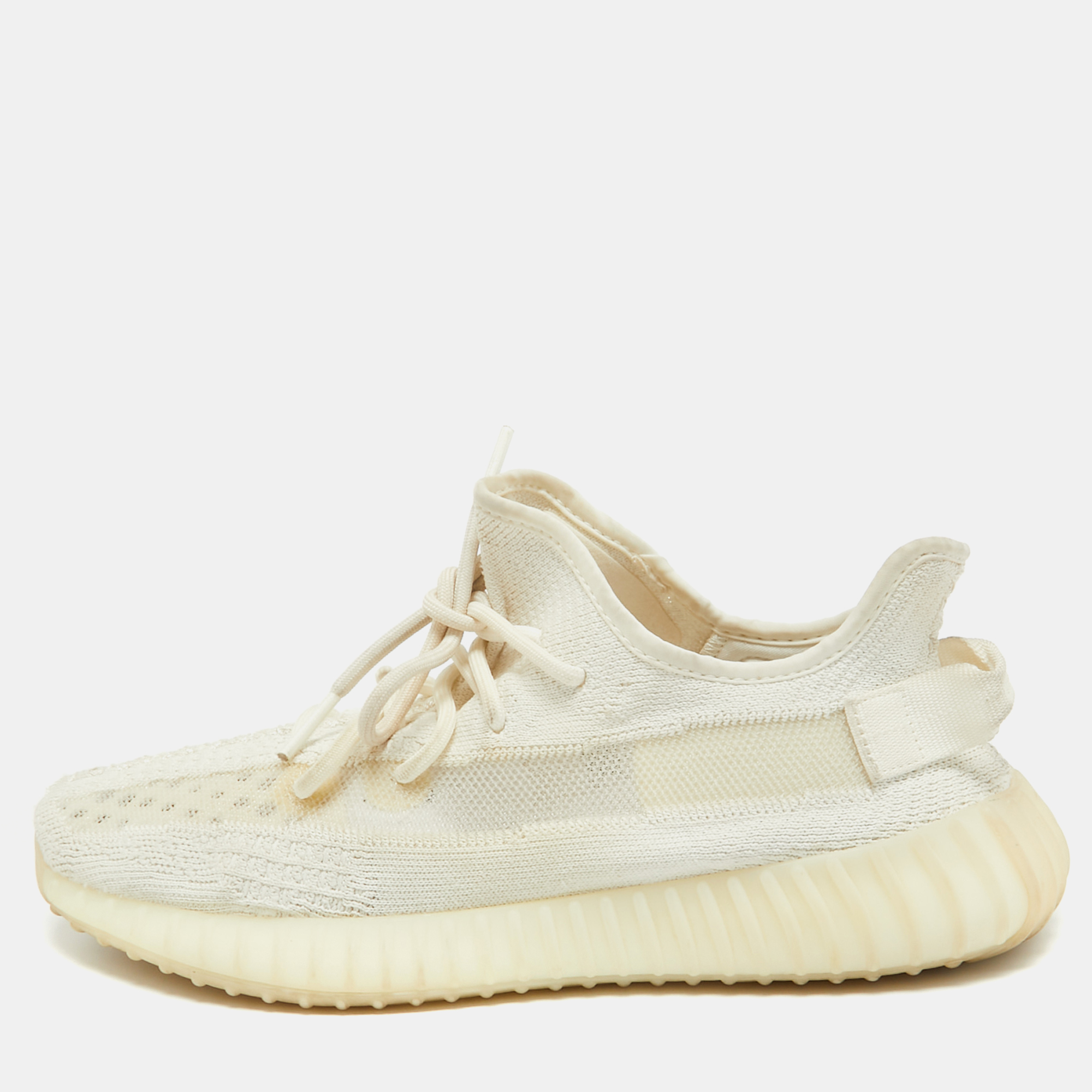 Pre Owned Yeezy x Adidas Off White Knit Fabric Boost 350 V2 Bone Sneakers Size 43 1/3