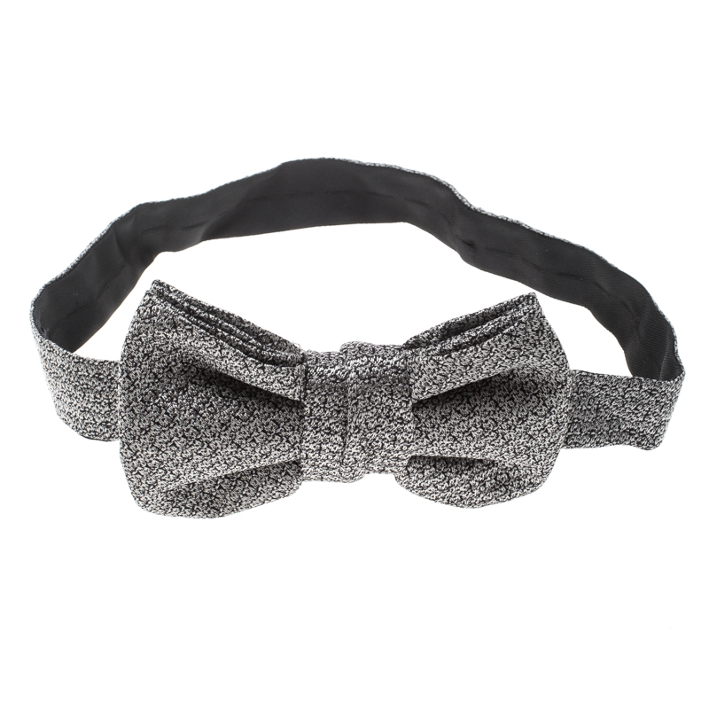 Yves Saint Laurent Grey and Black Textured Silk Jacquard Bow Tie