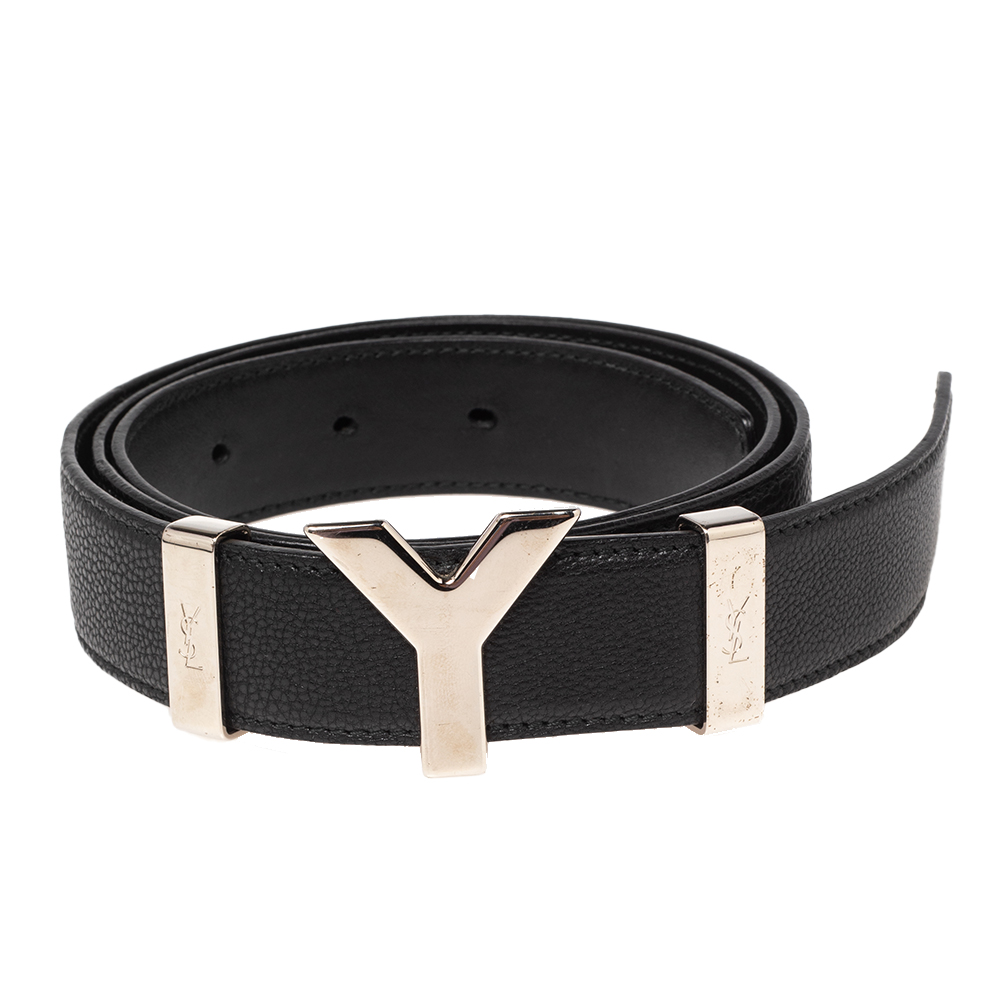 

Yves Saint Laurent Black Leather Y Logo Buckle Belt