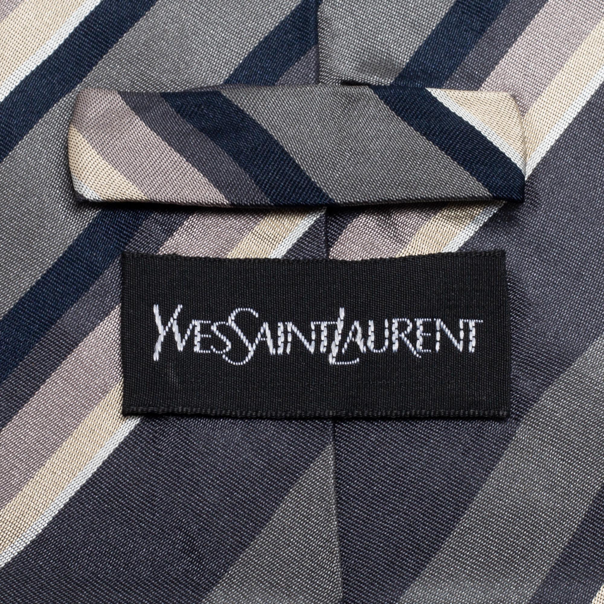 Yves Saint Laurent Vintage Grey Striped Silk Tie 