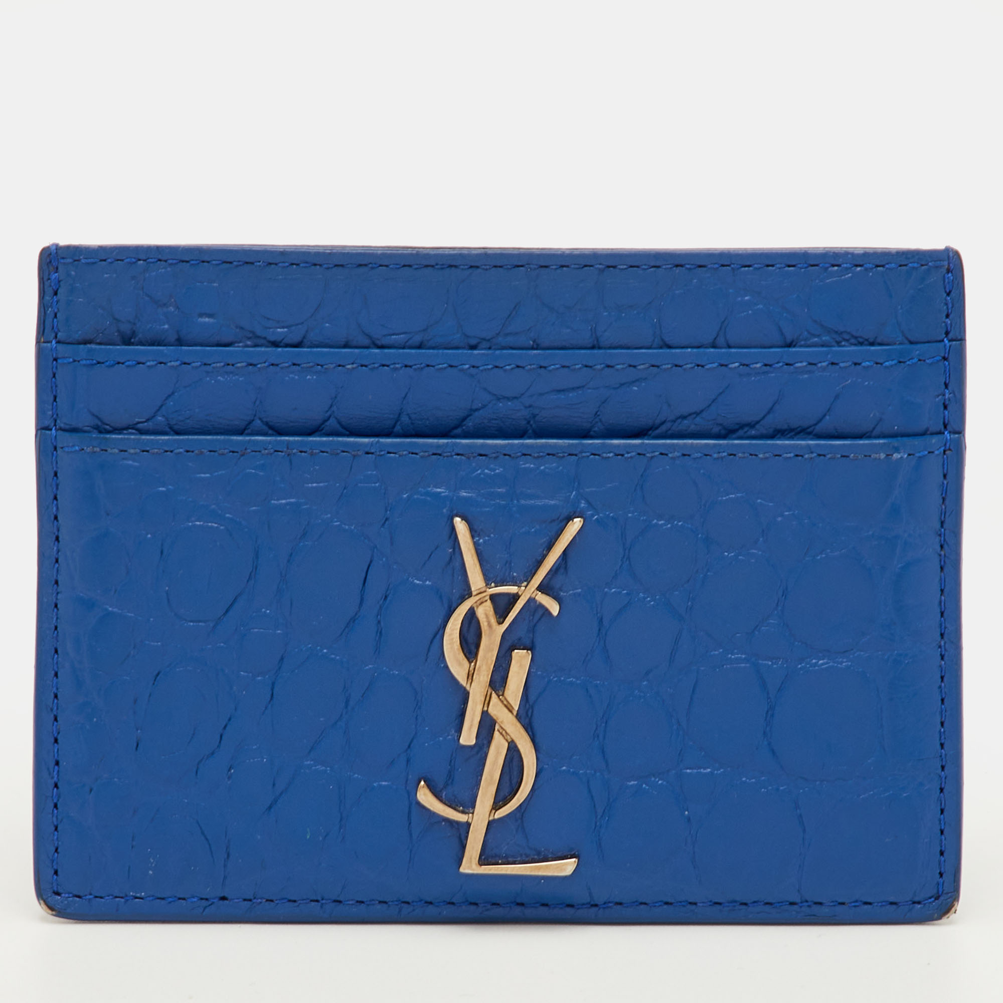 

Yves Saint Laurent Monogram Blue Croc Embossed Leather Card Holder