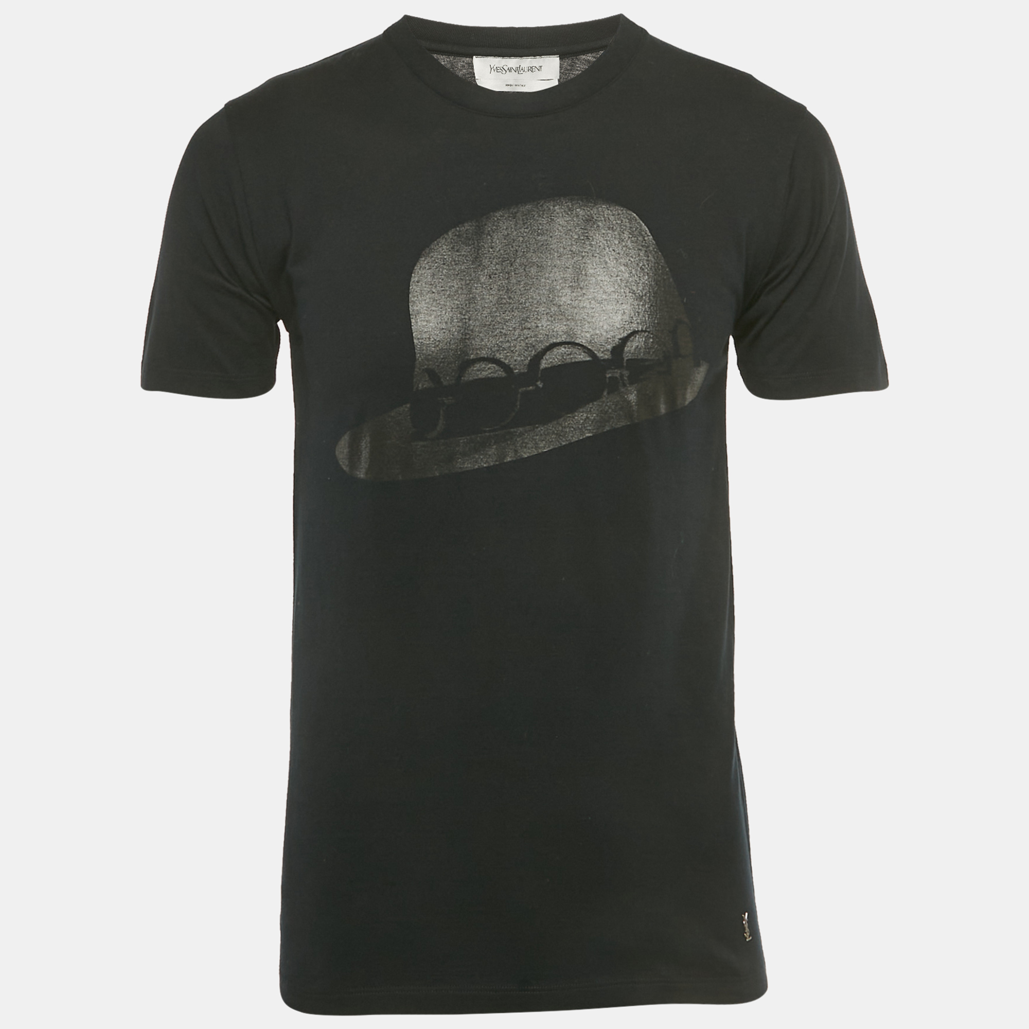 Pre-owned Saint Laurent Black Hat Print Jersey Ysl Detail T-shirt S