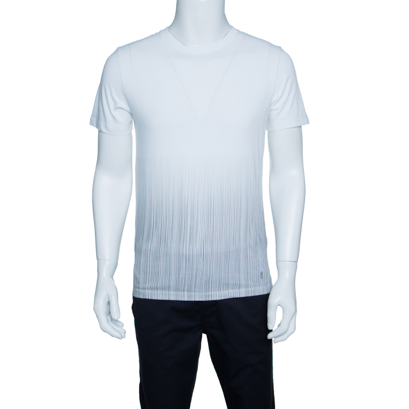 Pre Owned Yves Saint Laurent Paris Off White Vertical Striped Detail Short Sleeve T-Shirt M