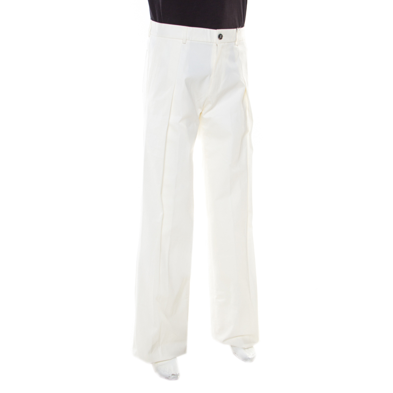 

Saint Laurent Paris Off White Cotton Pleat Front Tailored Trousers