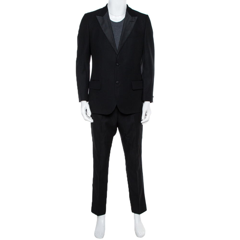 Pre-owned Saint Laurent Black Wool & Silk Regular Fit Suit L