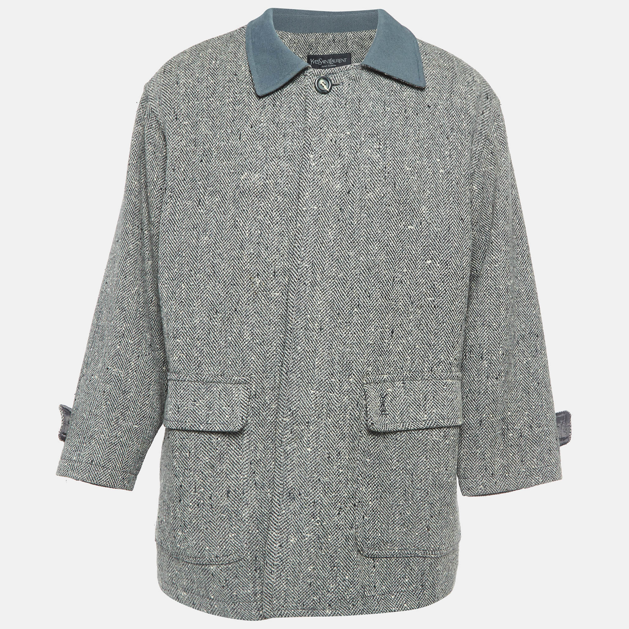 

Yves Saint Laurent Vintage Grey Herringbone Wool Coat XL