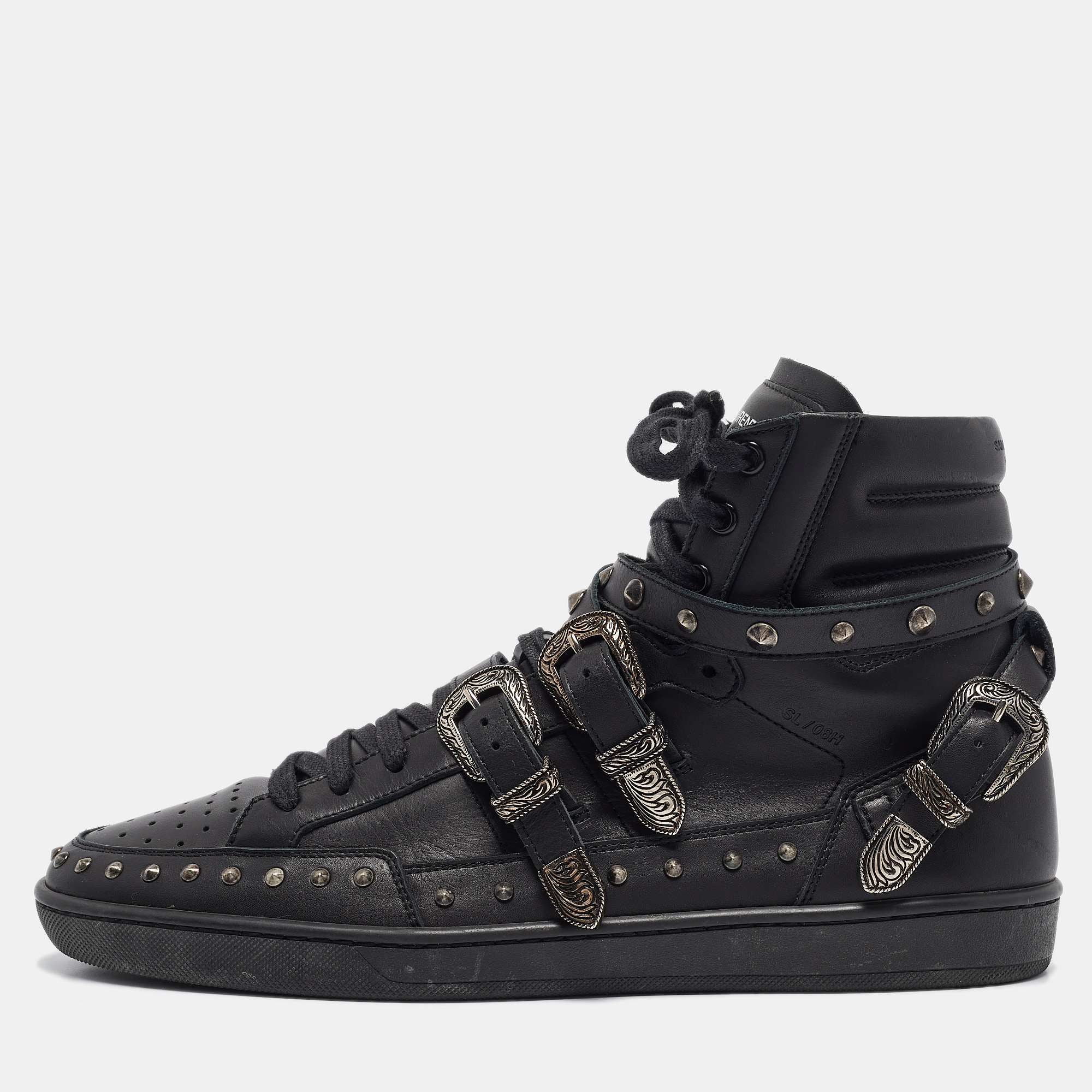 

Yves Saint Laurent Black Leather Studded Buckle Detail High Top Sneakers Size