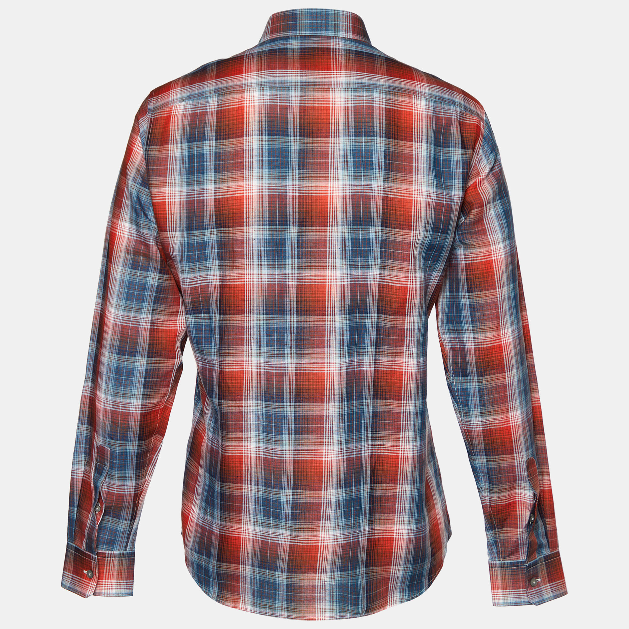 

Z Zegna Blue and Red Plaid Check Linen & Cotton Long Sleeve Shirt