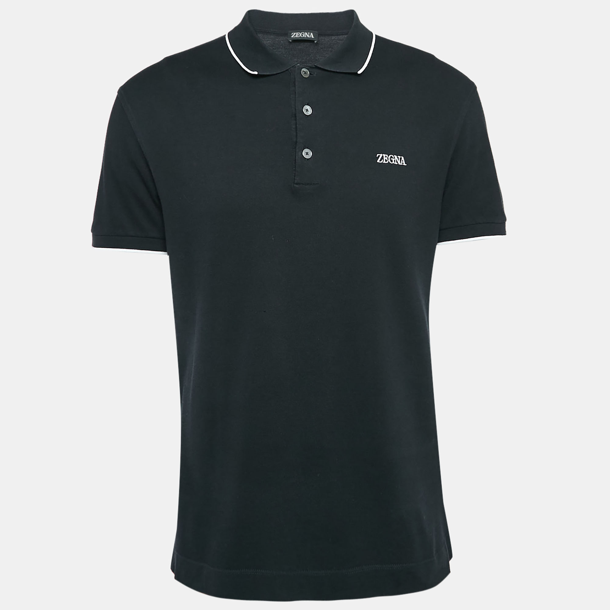 Pre-owned Z Zegna Black Logo Embroidered Cotton Knit Polo L