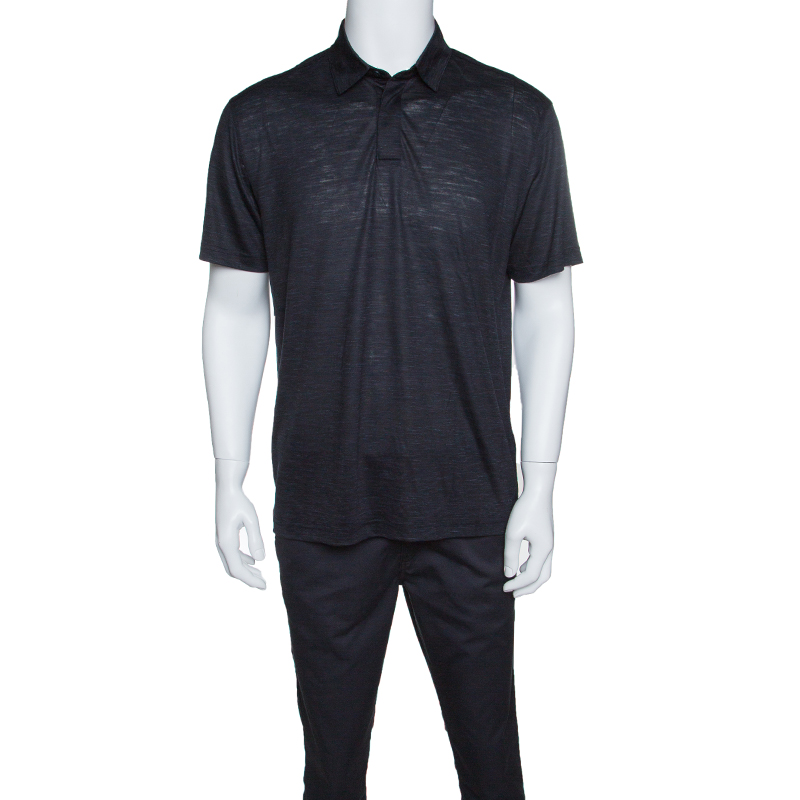 Pre Owned Z Zegna Techmerino Navy Blue Wool and Linen Slub Jersey Polo T-Shirt L