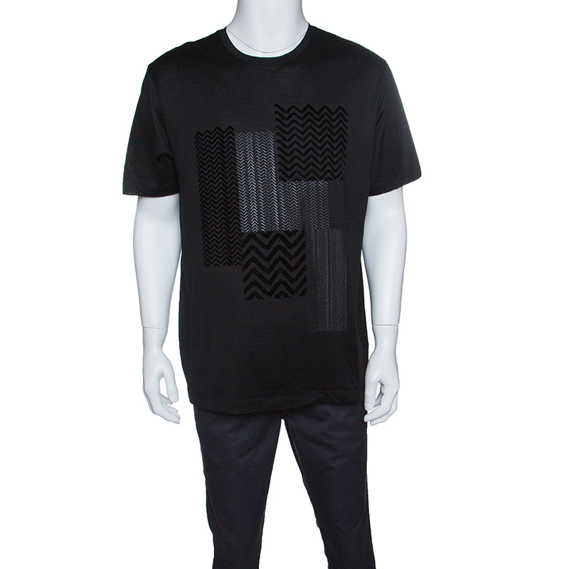 Pre Owned Z Zegna Black Zigzag Flock Printed Short Sleeve T-Shirt XL