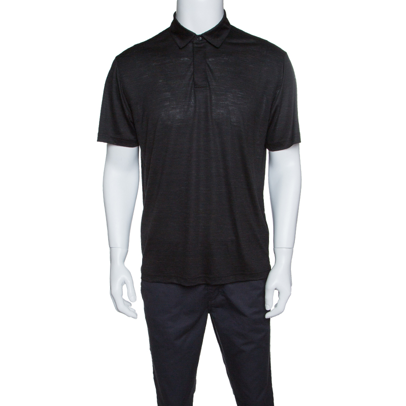 Pre Owned Z Zegna Techmerino Dark Grey Wool and Linen Slub Jersey Polo T-Shirt L