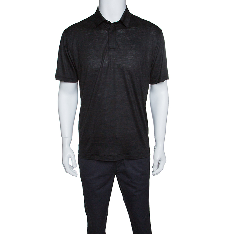 Pre Owned Z Zegna Techmerino Dark Grey Wool and Linen Slub Jersey Polo T-Shirt L