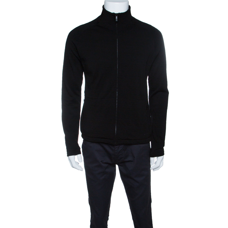 Z Zegna Technomerino Black Wool Contrast Neck Zip Front Sweatshirt M
