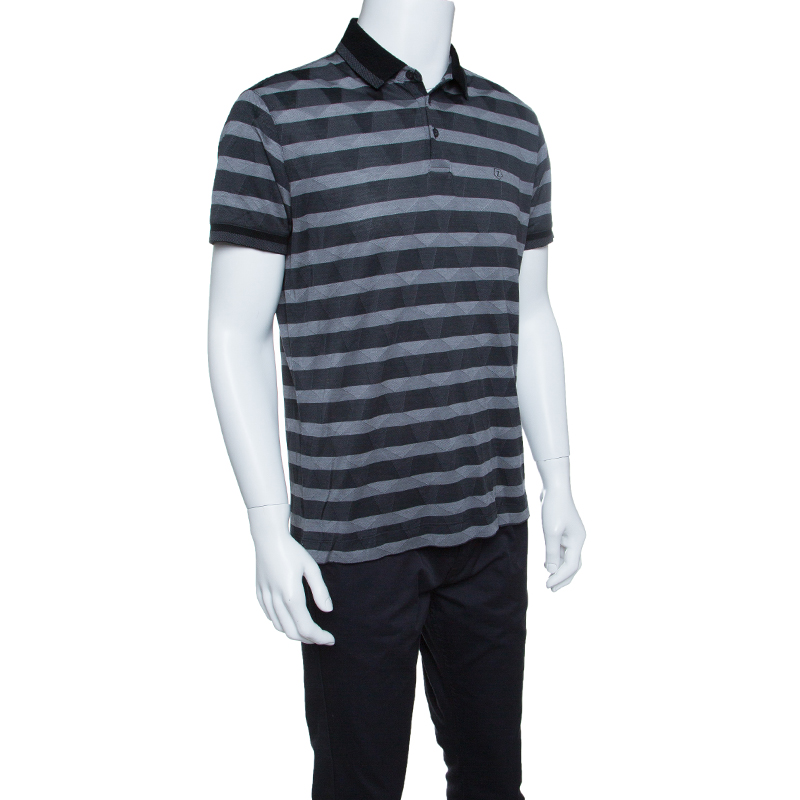 

Z Zegna Grey Striped Knit Geometric Pattern Short Sleeve Polo T-Shirt