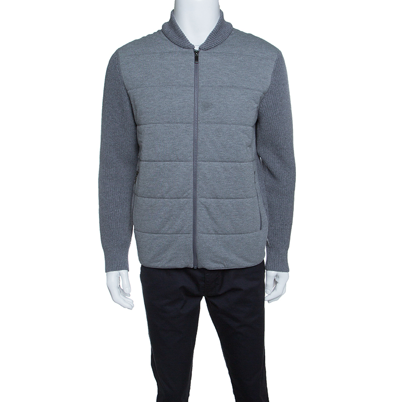 Z Zegna Grey Quilted Front Panel Chunky Knit Zip Front Cardigan L